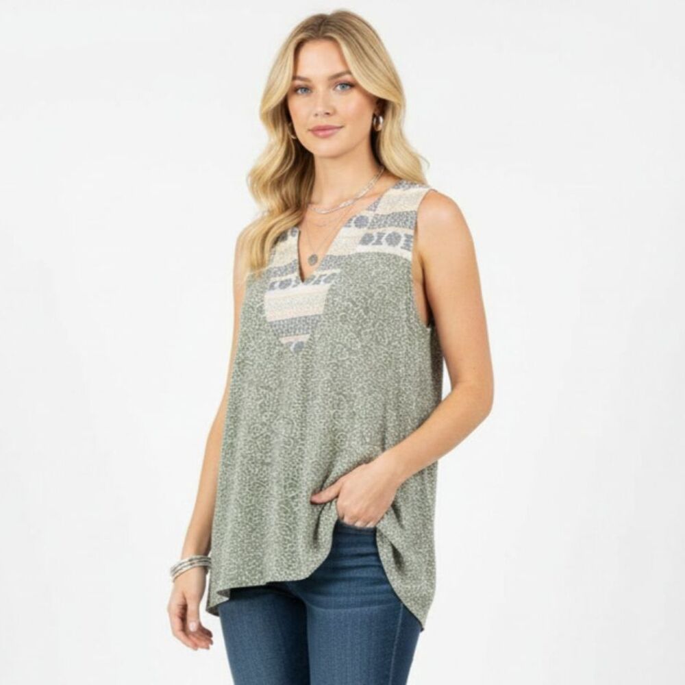 Anthropologie Tiny Gray & Tan Print Sleeveless Farmhouse Cottagecore‎ Boho Top L